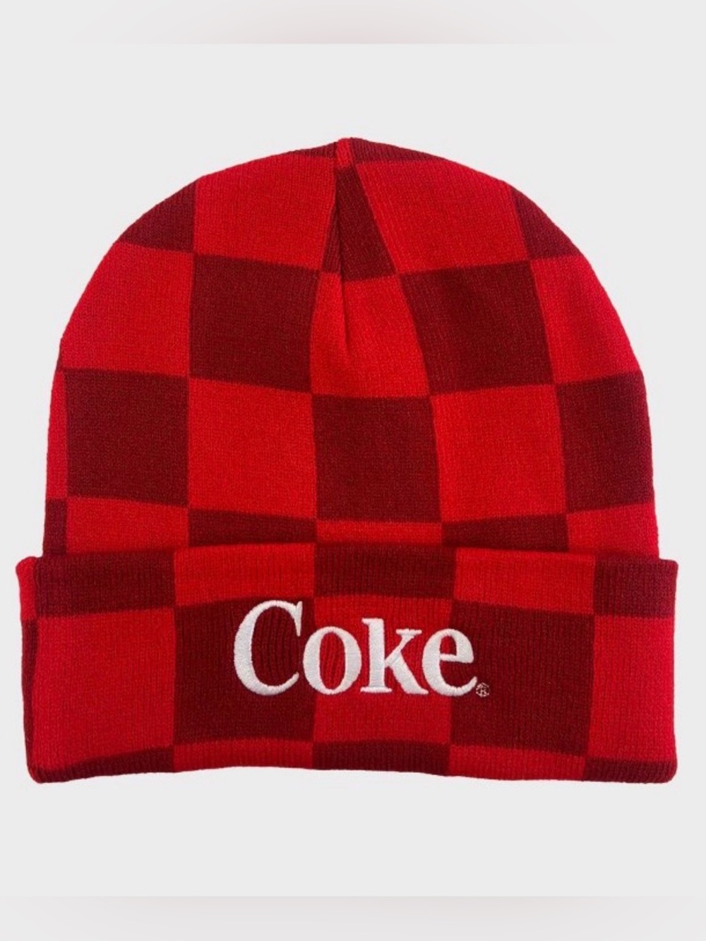 NWT Knit Coca-Cola Red Checkered Beanie Cap OS Fits All